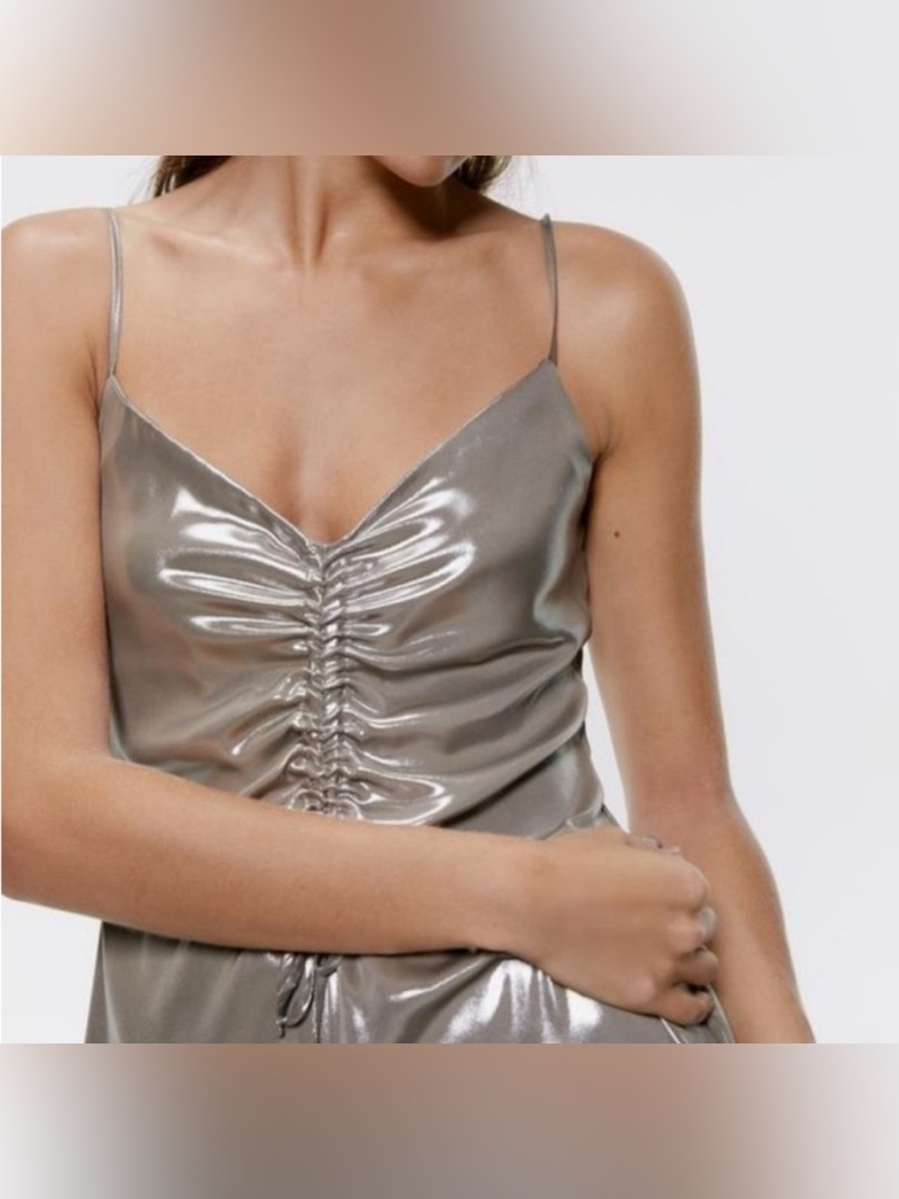 ZARA | Metallic Satin Dress | Silver Ruched Front Party Cocktail Dress